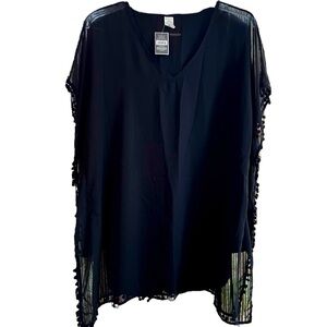 West Loop Black Boho Kimono Cover Up Pom Pom Trim V Neck Sheer NWT OSFM